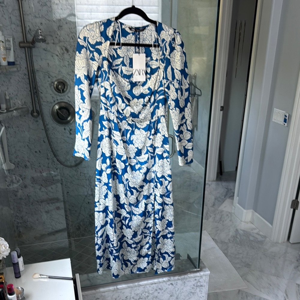 Zara Long Sleeve Blue and White Floral Dress